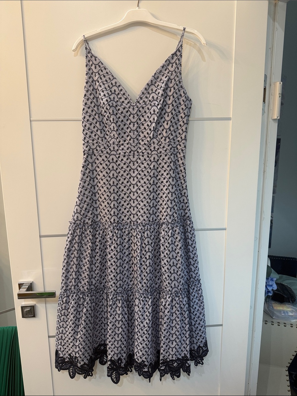 10 Crosby Derek Lam Light Gray Midi Dress with Navy Lace Trim